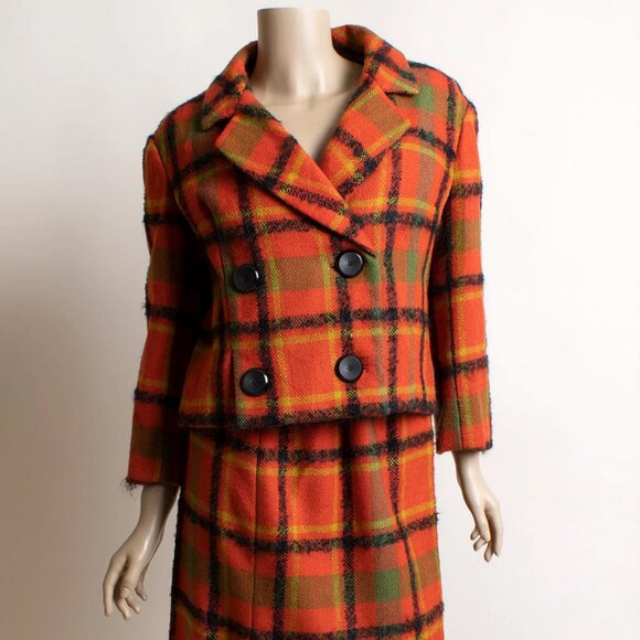 Vintage 1960s Plaid Skirt & Jacket Coat Set Vest Orange Green Vogue Paris 60s - Picture 8 of 11